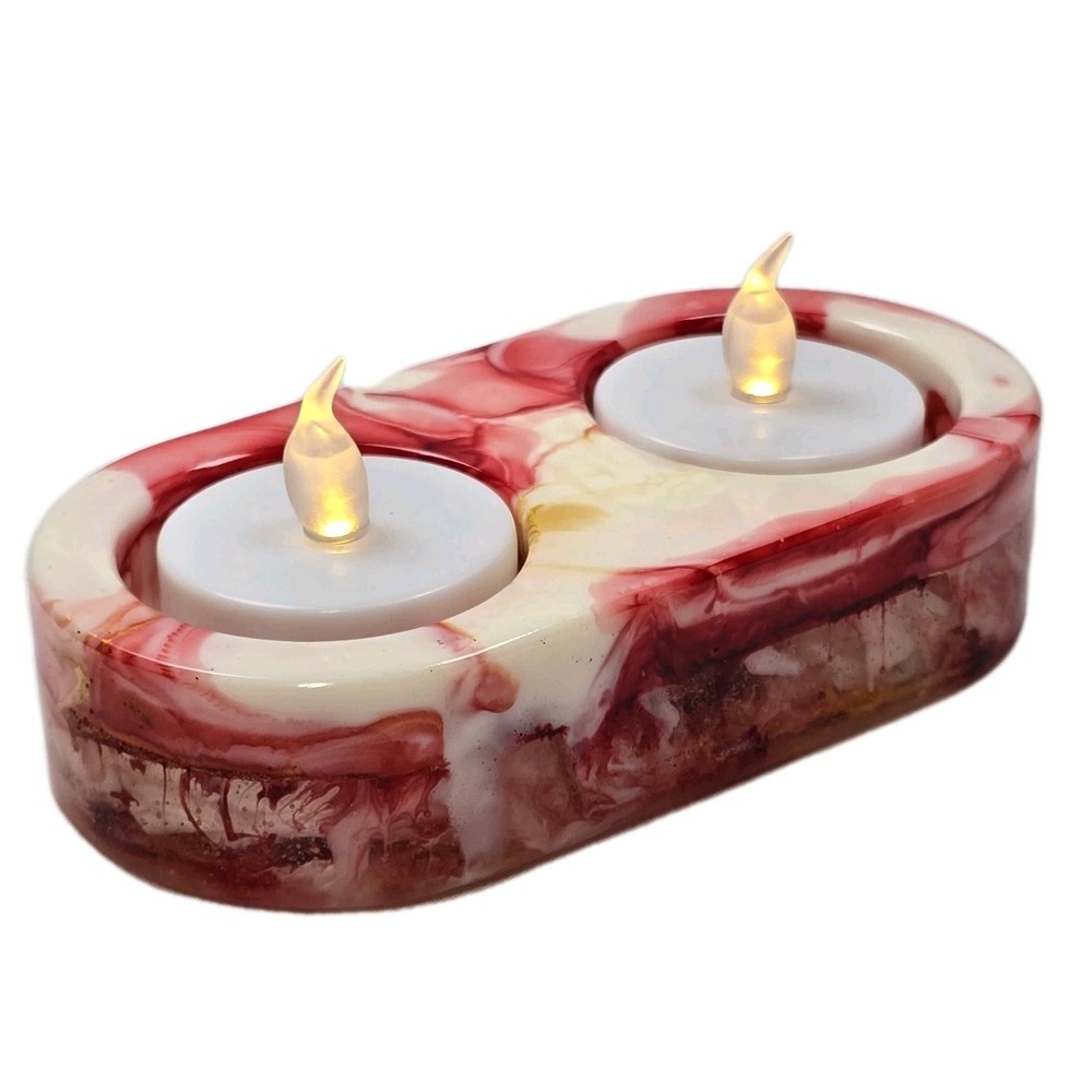 Resin Tealight Candle Holder Red White Gold Marble Swirl Decor Handcrafted